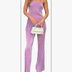 Women 2 Piece Plisse Set Strapless Off Shoulder Tube Top Wide Leg Pants Set